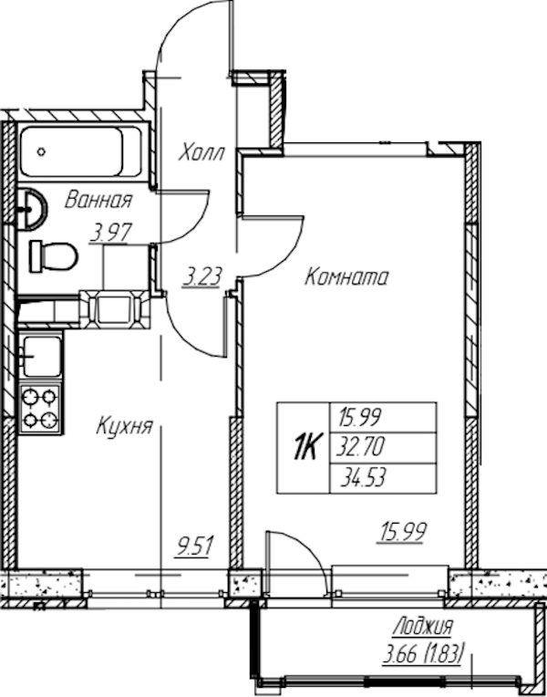 1-комнатная квартира 34.53 м², 17/22 эт., ЖК «Парк-квартал Юнтолово»